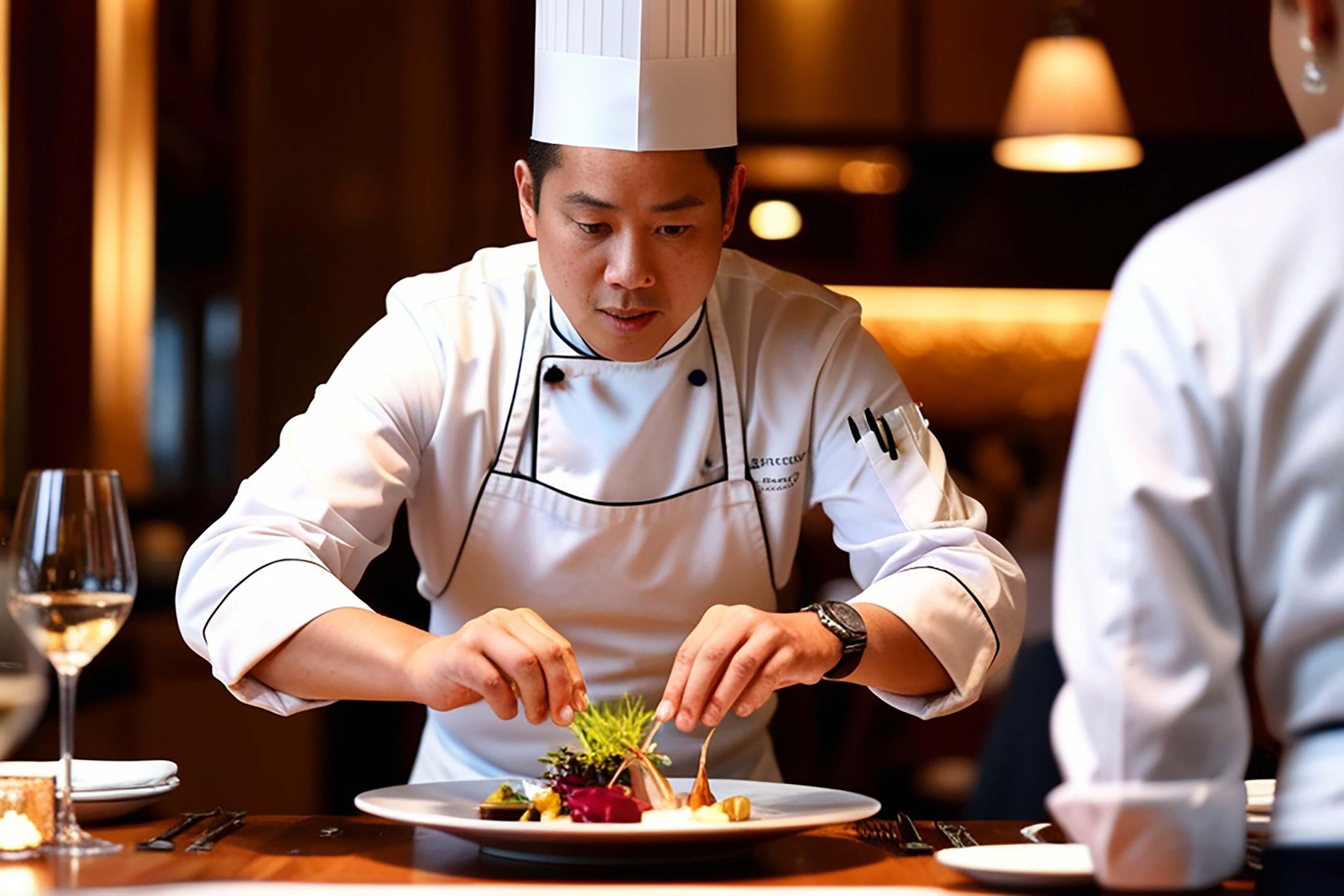 Restaurant chef plating a summer dish using fresh local seasonal ingredients