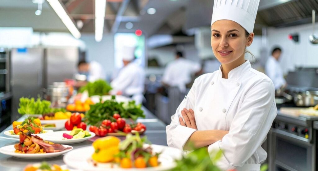Female chef in white uniform and tall hat stands with arms crossed beside plates of colorful dishes in a busy kitchen.