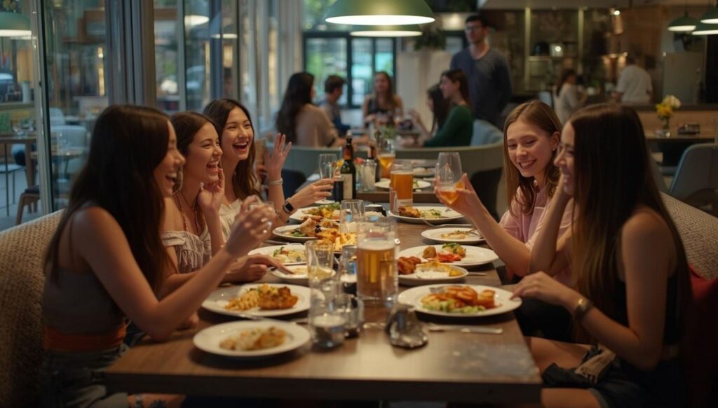 Group of six young women at a long restaurant table, laughing and toasting with drinks while enjoying a meal and conversation.