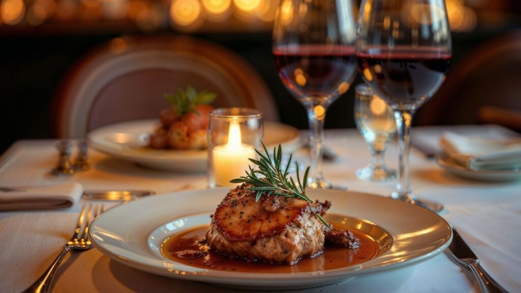 Seared steak with rosemary on a saucy plate, set at an elegant dinner table with wine glasses in the background.