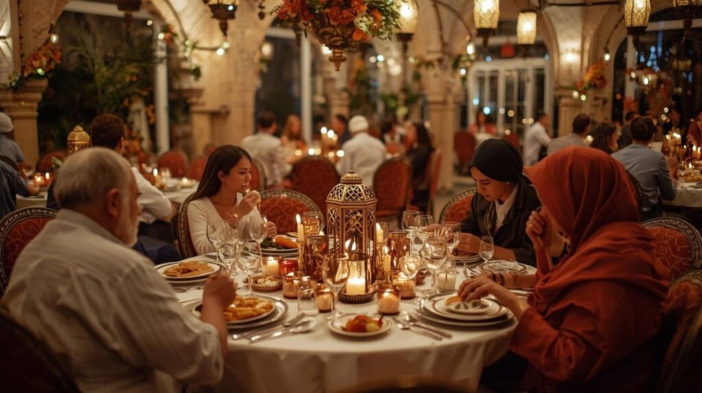 A group of diverse diners enjoying a candlelit restaurant table with an ornate lantern centerpiece.