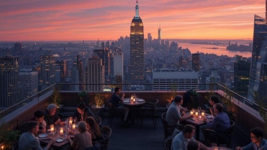 Rooftop restaurant at sunset with diners around tables overlooking a city skyline including tall buildings and water in the distance.