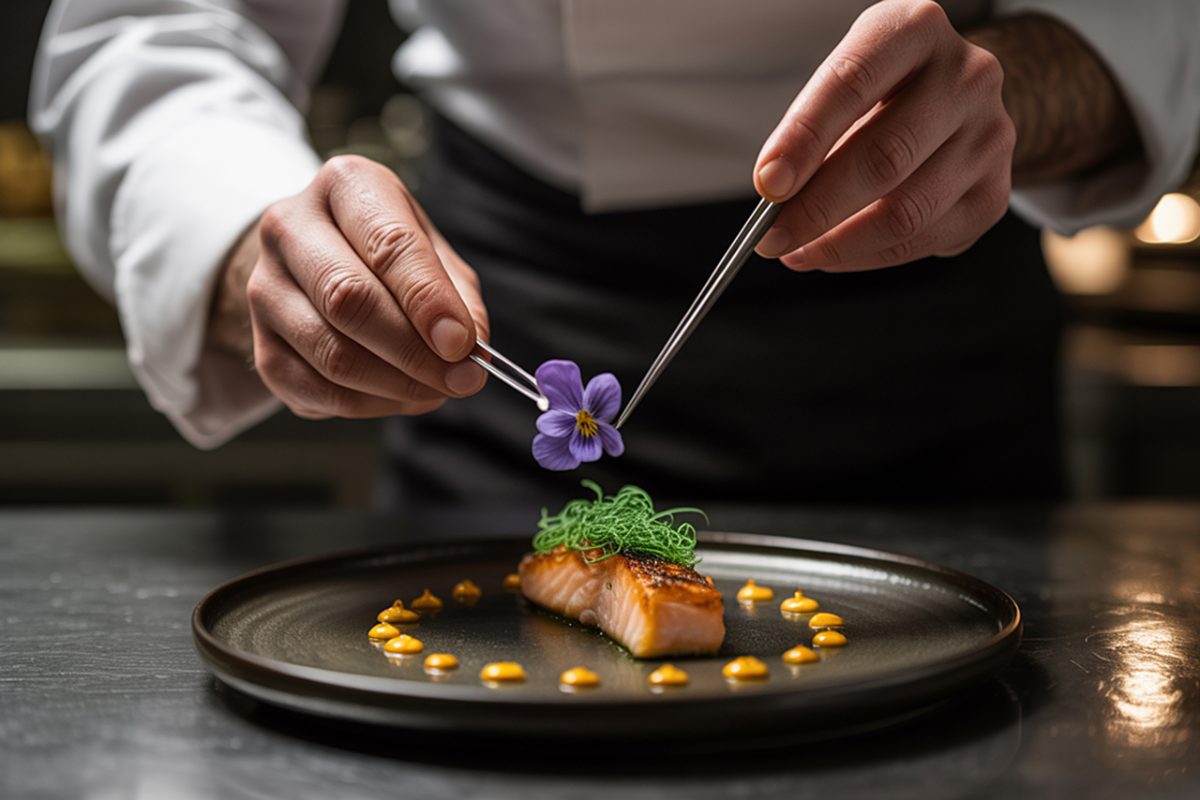 A pastry chef carefully plating an ube purple yam dessert with deep violet cream and fresh garnish in a professional kitchen