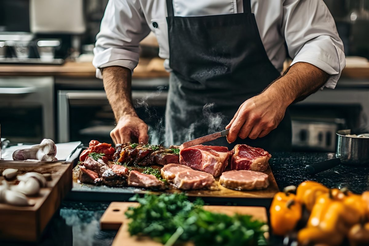 A chef confidently preparing grilled mains over a live fire, pressing seasoned butterflied lamb onto a hot barbecue grill