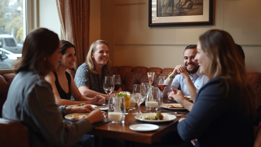 Group of friends enjoying a dinner at a restaurant, smiling and chatting around a wooden table with wine glasses and plates.