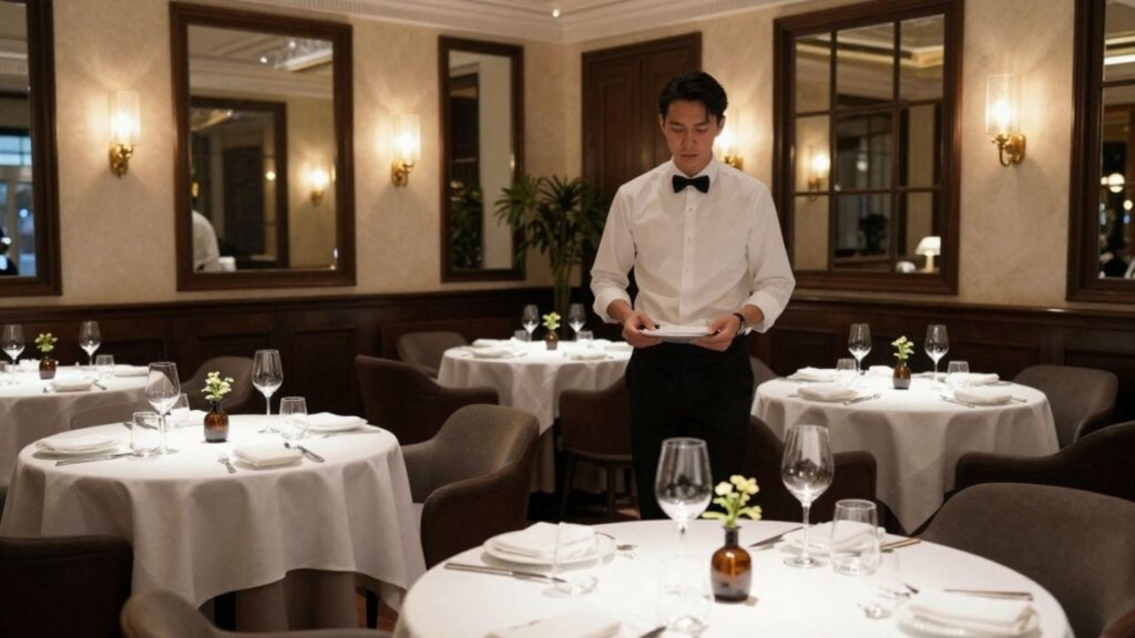 A waiter in a white shirt and black bow tie stands at a table in an elegant restaurant, checking a menu or notepad.