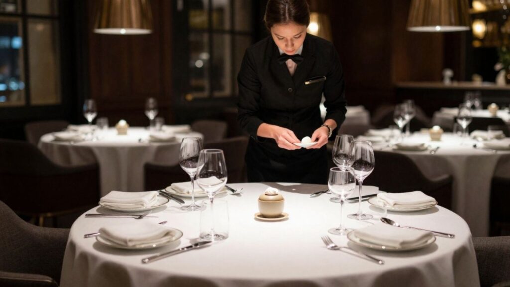 Waiter in a black uniform arranges a formal dining table with wine glasses and white plates.