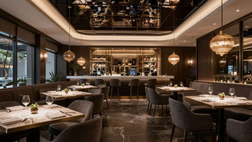 Upscale restaurant dining room with wood tables, grey chairs, and pendant lighting overlooking a bar area.