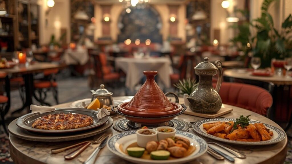 Table set for a Moroccan-style meal with a red tagine centerpiece, metal teapot, and plates of tapas on a marble table in a dimly lit restaurant.