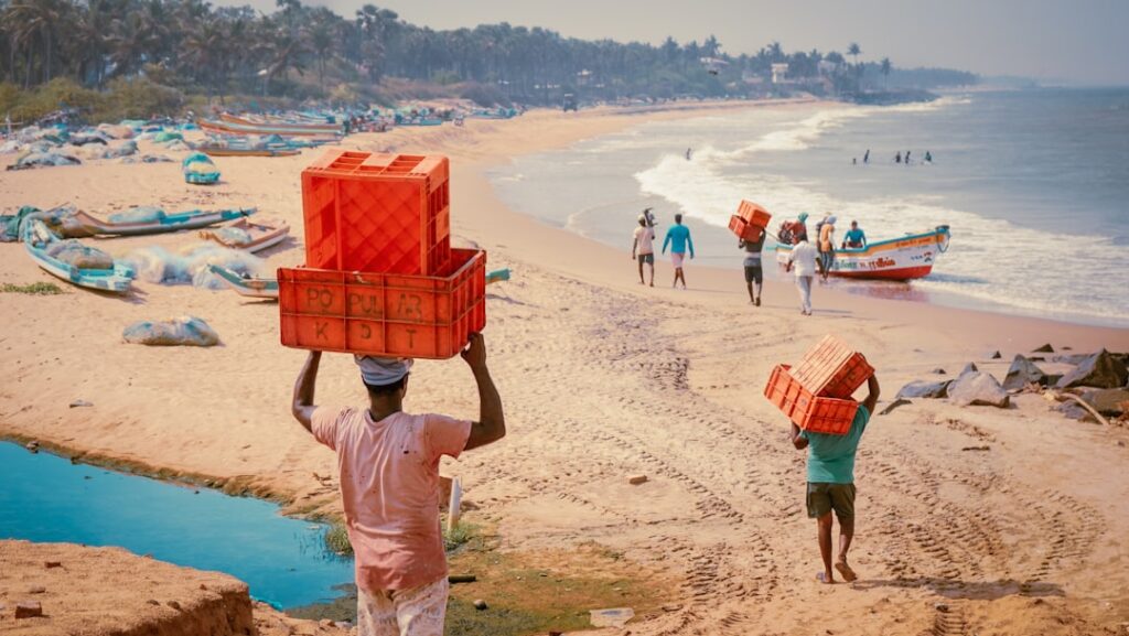 People carrying red plastic crates on a sandy beach with boats along the shore under a sunny sky.